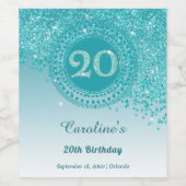 Stylish Falling Teal Blue Glitter 20th Birthday Wijn Etiket (Enkel label)