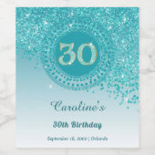 Stylish Falling Teal Blue Glitter 30th Birthday Wijn Etiket (Enkel label)