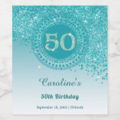 Stylish Falling Teal Blue Glitter 50th Birthday Wijn Etiket (Enkel label)