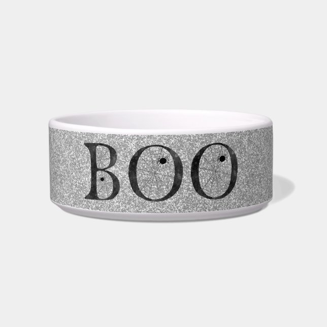 Stylish Faux Silver Glitter Boo Halloween Dog Voerbakje (Voorkant)