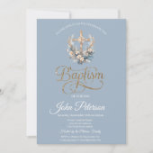Stylish Floral Cross Baptism Dusty Blue Kaart (Voorkant)