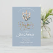 Stylish Floral Cross Baptism Dusty Blue Kaart (Staand voorkant)
