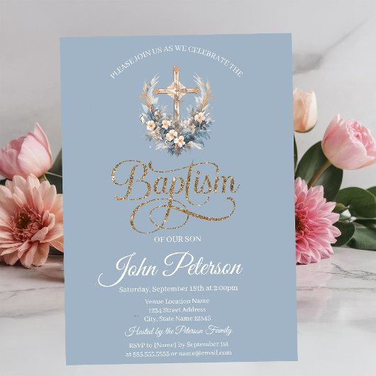 Stylish Floral Cross Baptism Dusty Blue Kaart