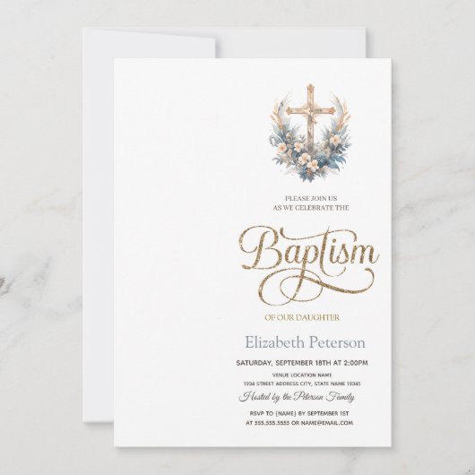 Stylish Floral Cross,Dotted Baptism Invitation Kaart (Voorkant)