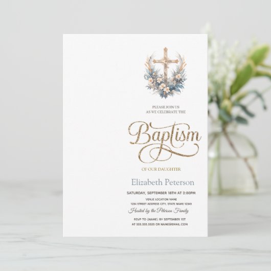 Stylish Floral Cross,Dotted Baptism Invitation Kaart (Staand voorkant)
