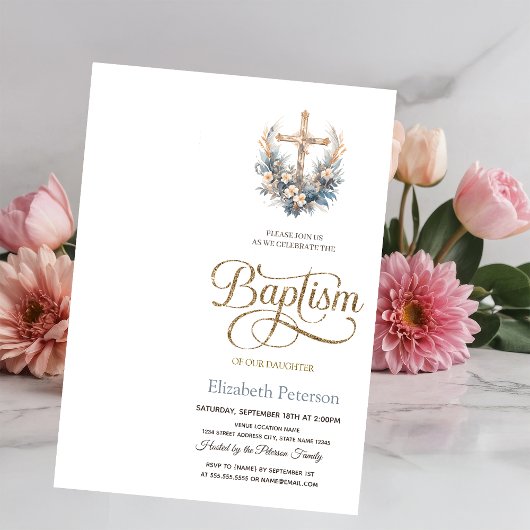 Stylish Floral Cross,Dotted Baptism Invitation Kaart
