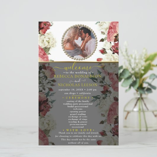 Stylish Floral Custom Photo Wedding Program (Staand voorkant)