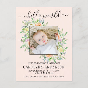 Stylish Floral Lijst Photo Birth Announement Aankondigingskaart