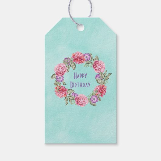 Stylish Floral Waterverf Wreats Happy Birthday Cadeaulabel (Voorkant)