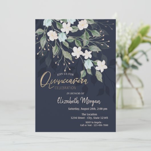 Stylish Flowers Navy Blue Quinceañera Kaart (Staand voorkant)