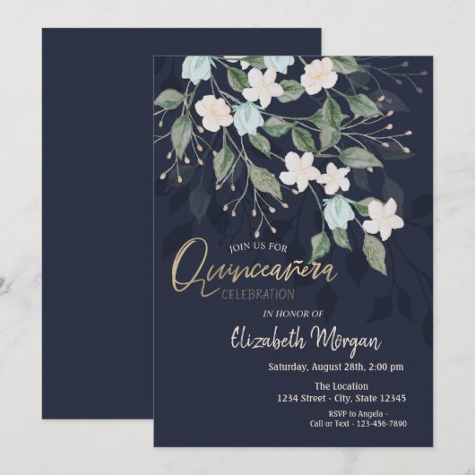 Stylish Flowers Navy Blue Quinceañera Kaart (Voorkant / Achterkant)