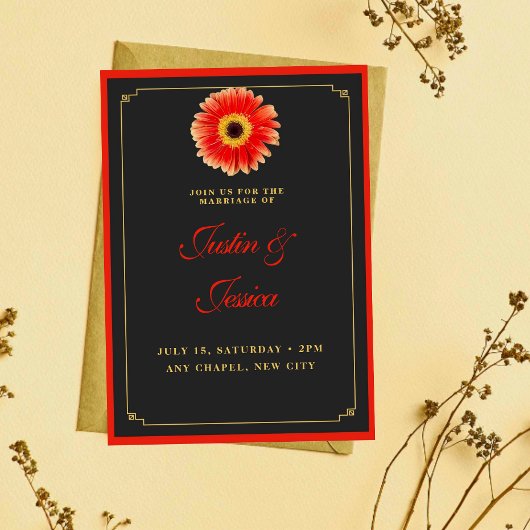 Stylish Gerbera Daisy Red and Gold Accents Wedding Kaart