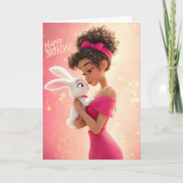 Stylish Girl in Hot Pink w/ White Bunny Birthday Kaart