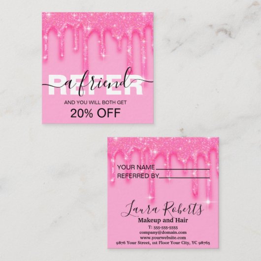 Stylish Girly Dripping Pink Glitter Reference Kaar Aanbevelingskaartje (Voorkant / Achterkant)
