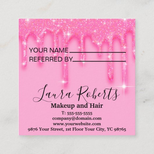 Stylish Girly Dripping Pink Glitter Reference Kaar Aanbevelingskaartje (Achterkant)