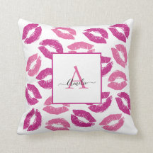 Stylish Girly Pink Kisses Lips Monogram Name