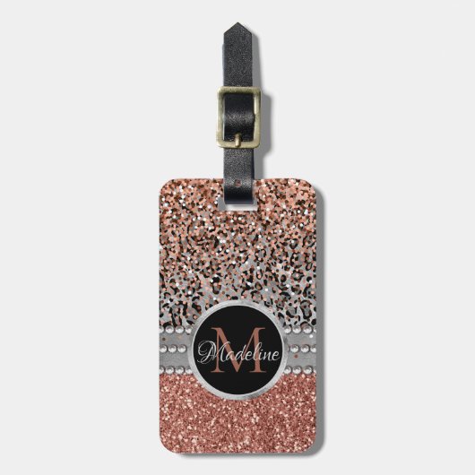 Stylish Girly Roos Gold Glitter Leopard Monogram Bagagelabel (Voorkant verticaal)