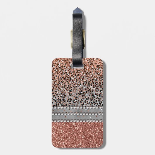 Stylish Girly Roos Gold Glitter Leopard Monogram Bagagelabel (Achterkant verticaal)