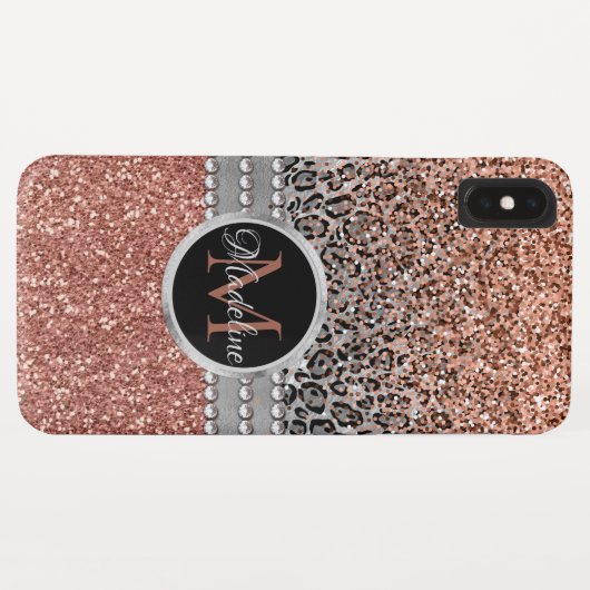 Stylish Girly Roos Gold Glitter Leopard Monogram Case-Mate iPhone Case (Achterkant (horizontaal))
