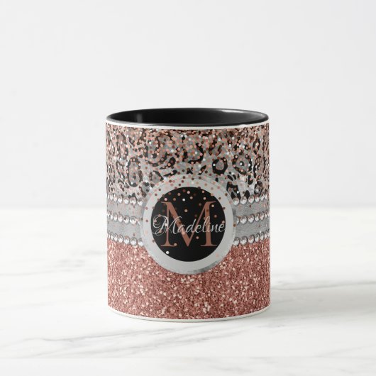 Stylish Girly Roos Gold Glitter Leopard Monogram Mok (Midden)