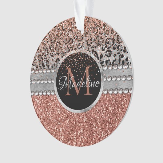 Stylish Girly Roos Gold Glitter Leopard Monogram Ornament (voorkant)