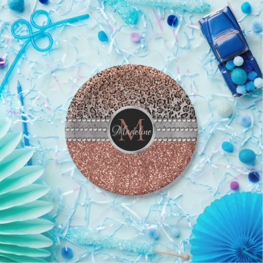 Stylish Girly Roos Gold Glitter Leopard Monogram Papieren Bordje (Feest)