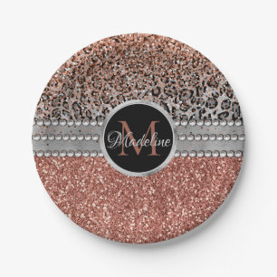 Stylish Girly Roos Gold Glitter Leopard Monogram Papieren Bordje