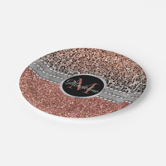 Stylish Girly Roos Gold Glitter Leopard Monogram Papieren Bordje (Gekanteld)