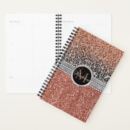Stylish Girly Roos Gold Glitter Leopard Monogram Planner (Display)