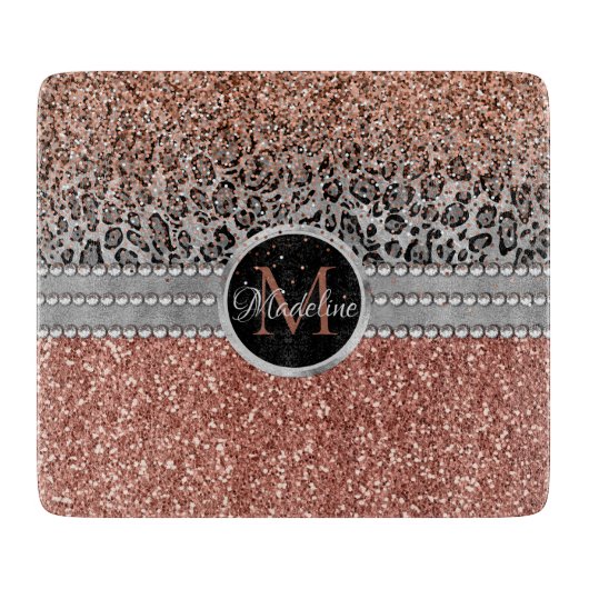 Stylish Girly Roos Gold Glitter Leopard Monogram Snijplank (Voorkant)