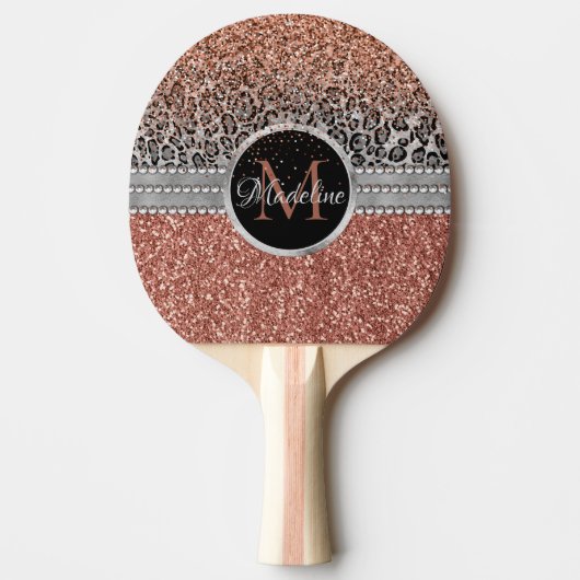 Stylish Girly Roos Gold Glitter Leopard Monogram Tafeltennisbatje (Voorkant)
