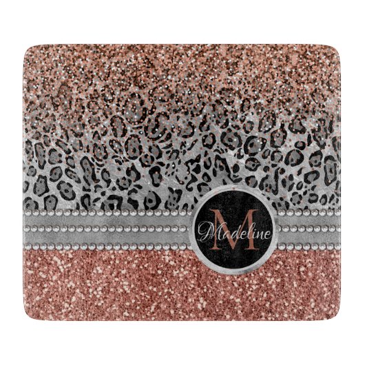 Stylish Girly Roos Gold Glitter Leopard Name Snijplank (Voorkant)