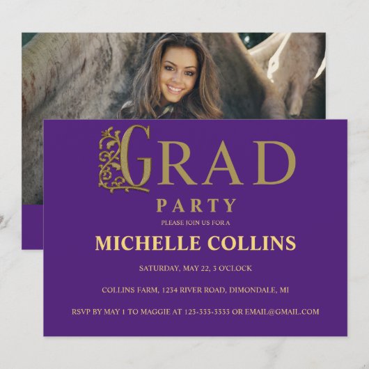 Stylish Gold Afstuderen Invitation Kaart (Voorkant / Achterkant)