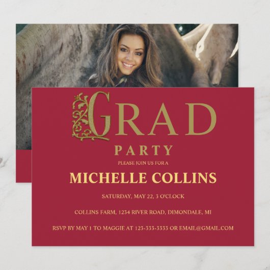 Stylish Gold Afstuderen Invitation Kaart (Voorkant / Achterkant)