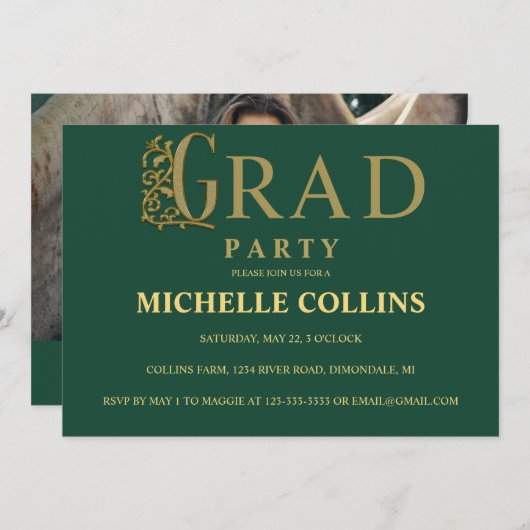 Stylish Gold Afstuderen Invitation Kaart (Voorkant / Achterkant)