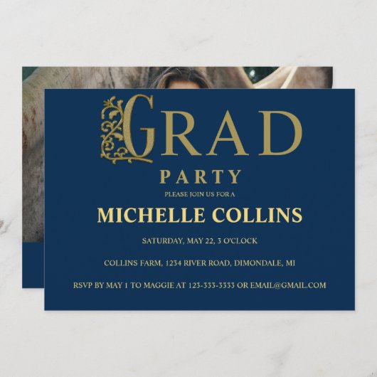 Stylish Gold Afstuderen Invitation Kaart (Voorkant / Achterkant)