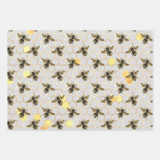 Stylish Gold Bees Honeycomb Honey Stripes Inpakpapier Vel (Voorkant 2)
