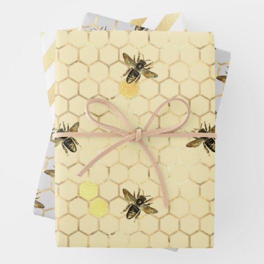 Stylish Gold Bees Honeycomb Honey Stripes Inpakpapier Vel (In situ)