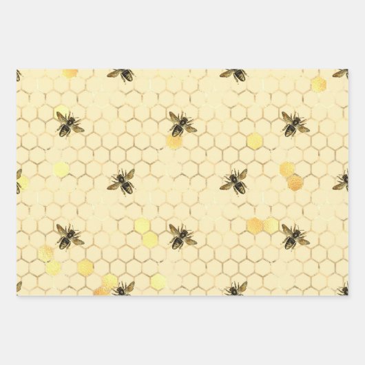 Stylish Gold Bees Honeycomb Honey Stripes Inpakpapier Vel (Voorkant)