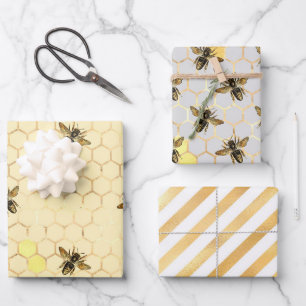 Stylish Gold Bees Honeycomb Honey Stripes Inpakpapier Vel