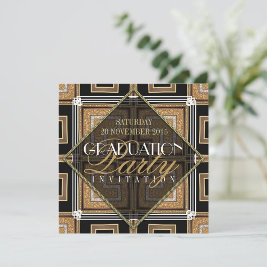 Stylish Gold Black Art Deco Graduation Party Kaart (Staand voorkant)