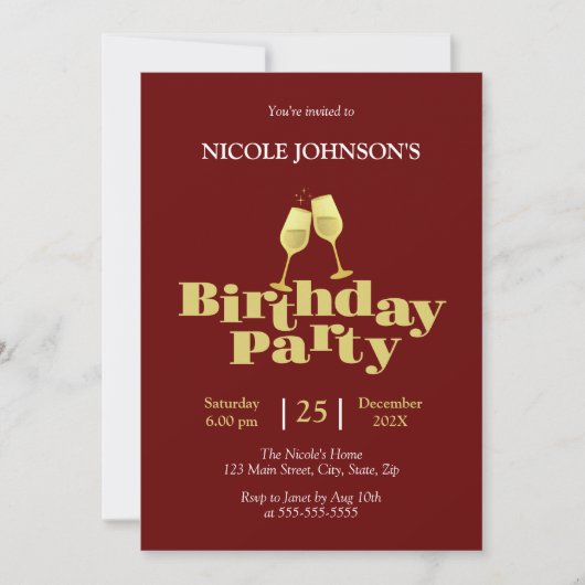 Stylish Gold Champagne Burgundy Birthday Party Kaart (Voorkant)