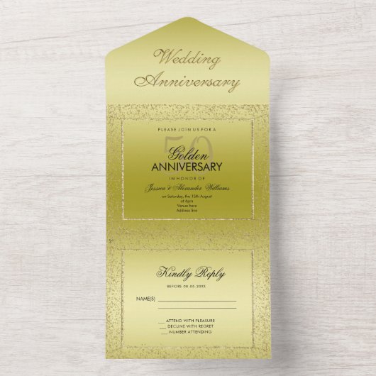 Stylish Gold Confetti 50th Golden Wedding All In One Uitnodiging (Binnen)
