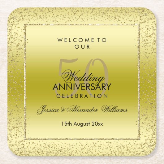 Stylish Gold Confetti 50th Wedding Square  Kartonnen Onderzetters (Voorkant)