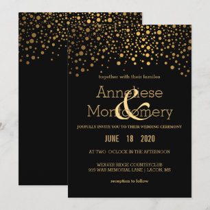 Stylish Gold Confetti and Black Wedding Invitation Kaart