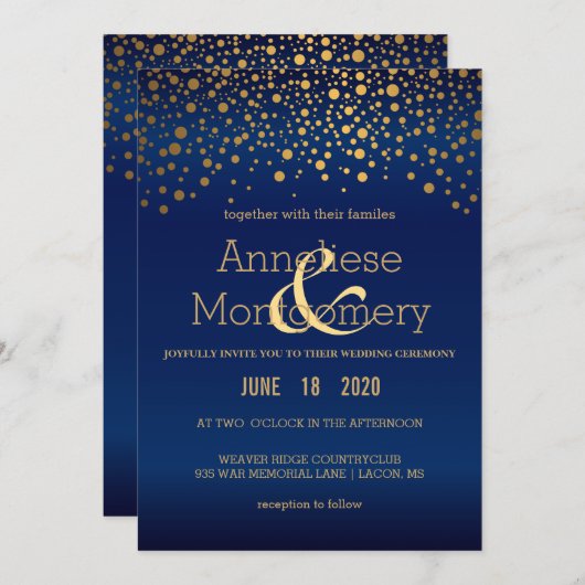 Stylish Gold Confetti Navy Blue Wedding Invitation Kaart (Voorkant / Achterkant)