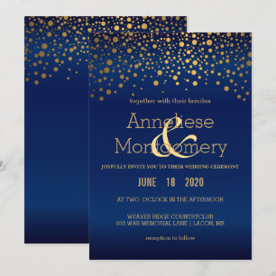 Stylish Gold Confetti Navy Blue Wedding Invitation Kaart