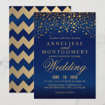 Stylish Gold Confetti Navy Blue Wedding Invitation