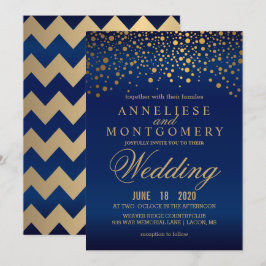 Stylish Gold Confetti Navy Blue Wedding Invitation Kaart