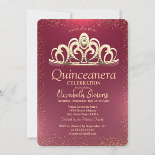 Stylish Gold Confetti Tiara Burgundy Quinceañera Kaart